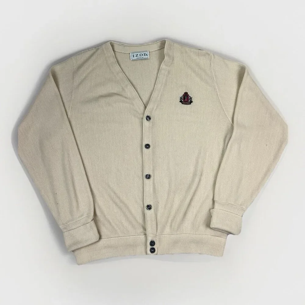 Vintage IZOD Cardigan Sweater L Made In USA Cream Knit‎ Crest Logo Preppy 80’s